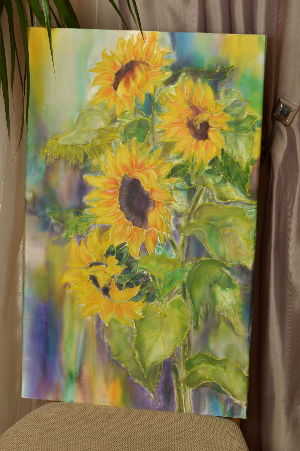Картина на ткани акриловыми красками Подсолнухи в лиловом фото 1