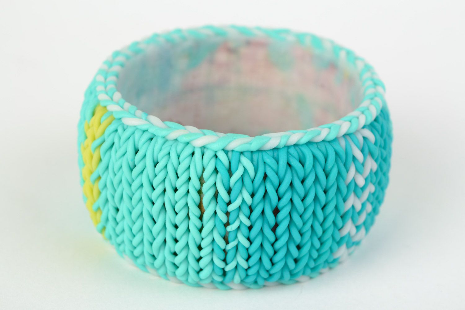 Bangle wide wrist bracelet on the wooden basis with knitted cover in blue and turquoise color photo 7