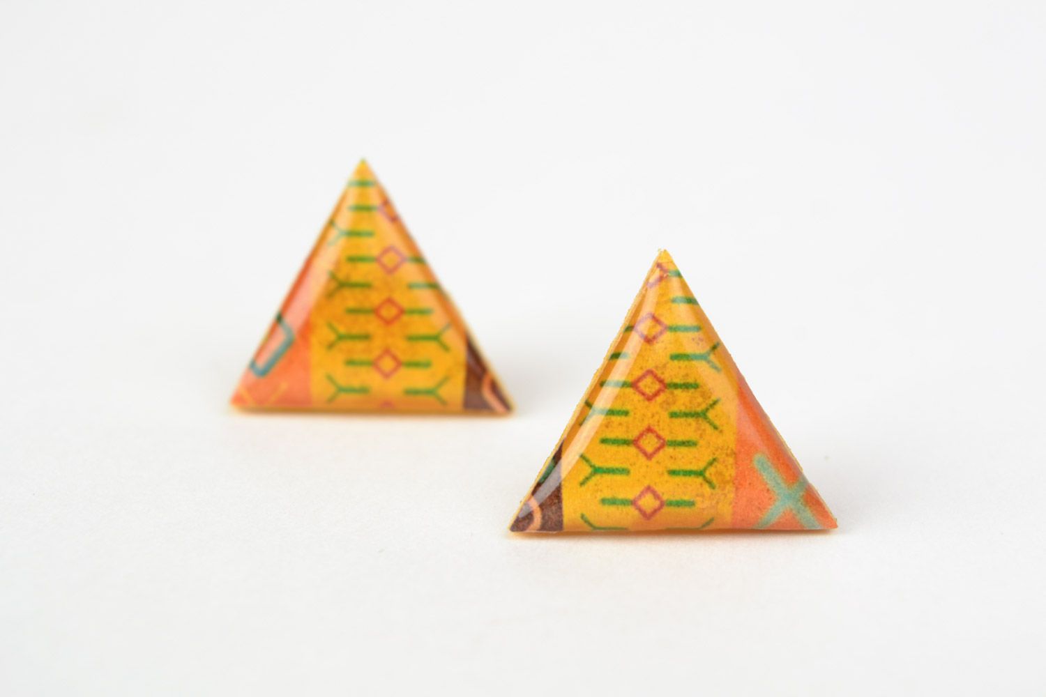 Handmade bright yellow triangle stud earrings with jewelry glaze for women photo 5