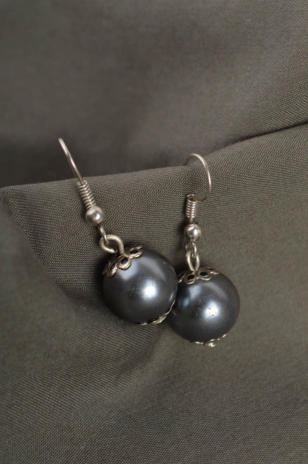 Handmade grey laconic earrings unusual beaded earrings elegant accessory photo 1