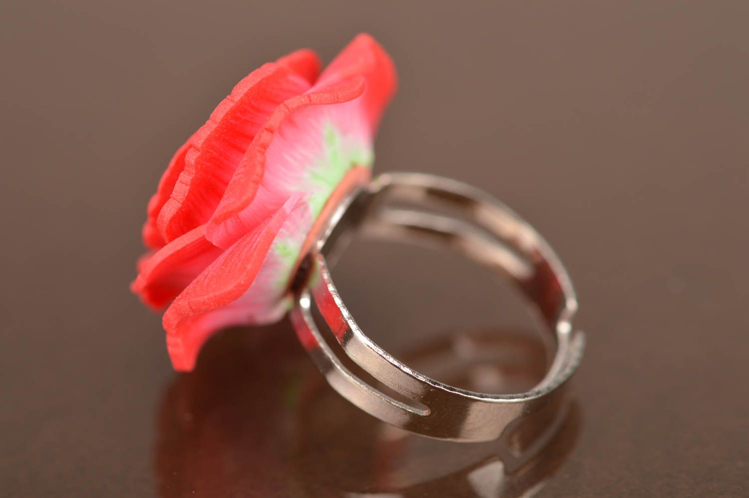 Handmade ring with metal basis and polymer clay volume red rose flower photo 5