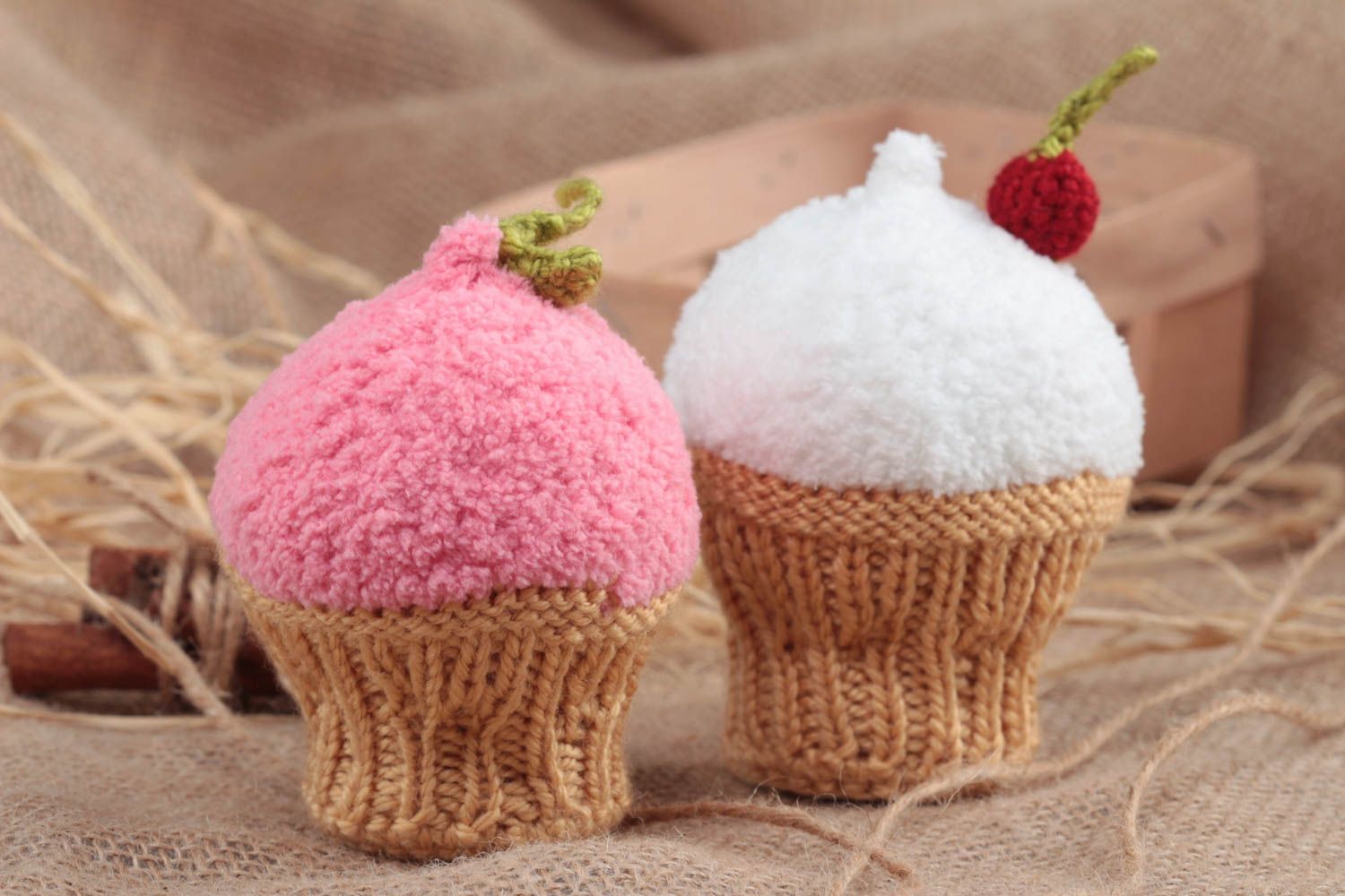 Set of 2 handmade crochet soft toys white and pink cakes with cherries photo 1