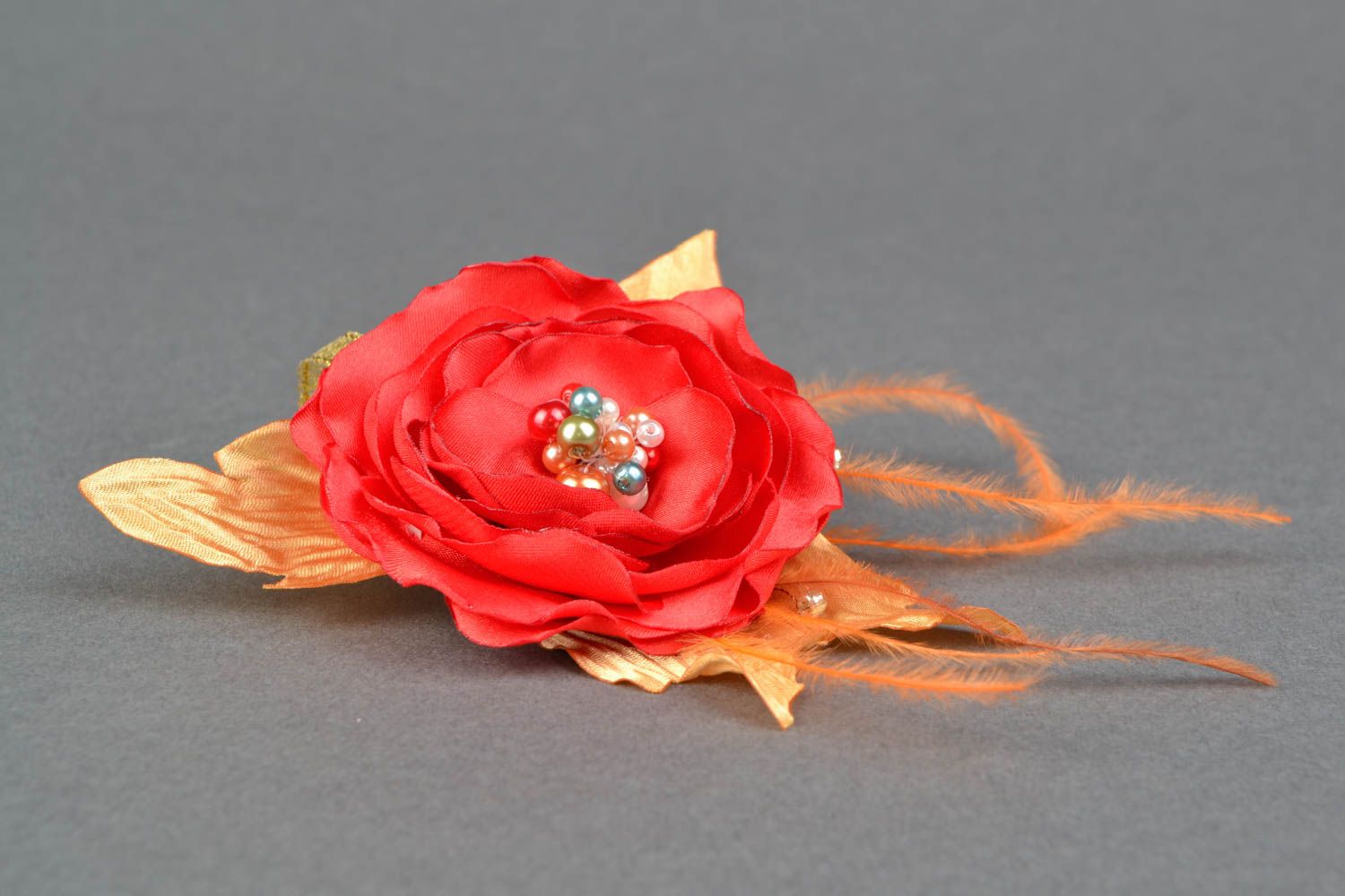 Floral hair clip made of satin and organza Poppy on Gold photo 3