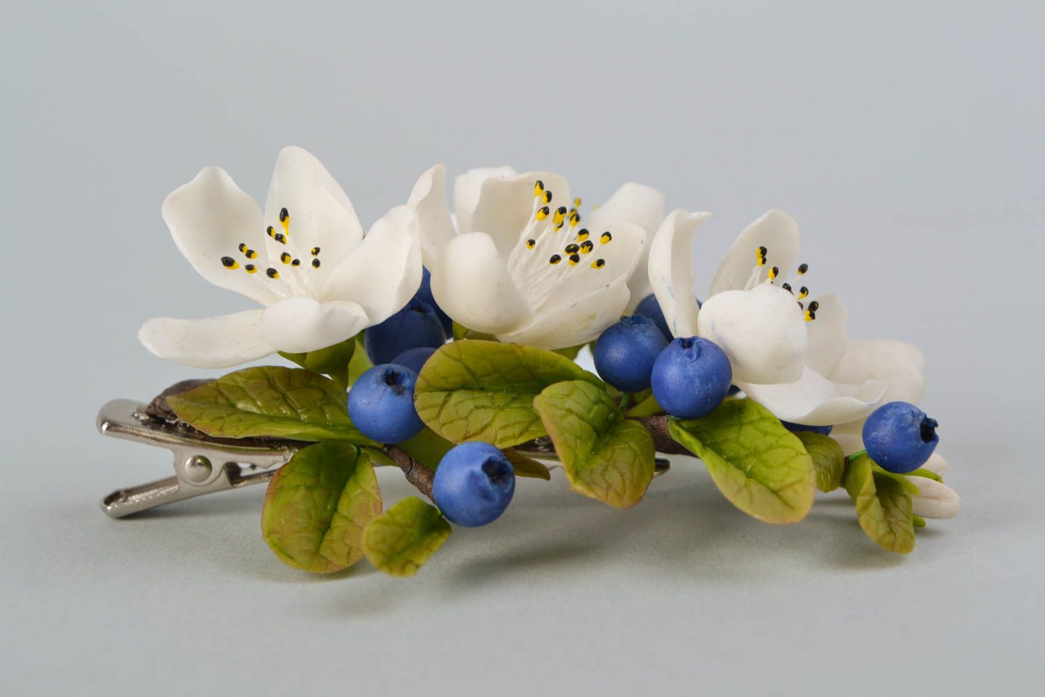 Hair clip and hair pins made of self-hardening Thai clay Apple Bloom and Blueberry photo 3