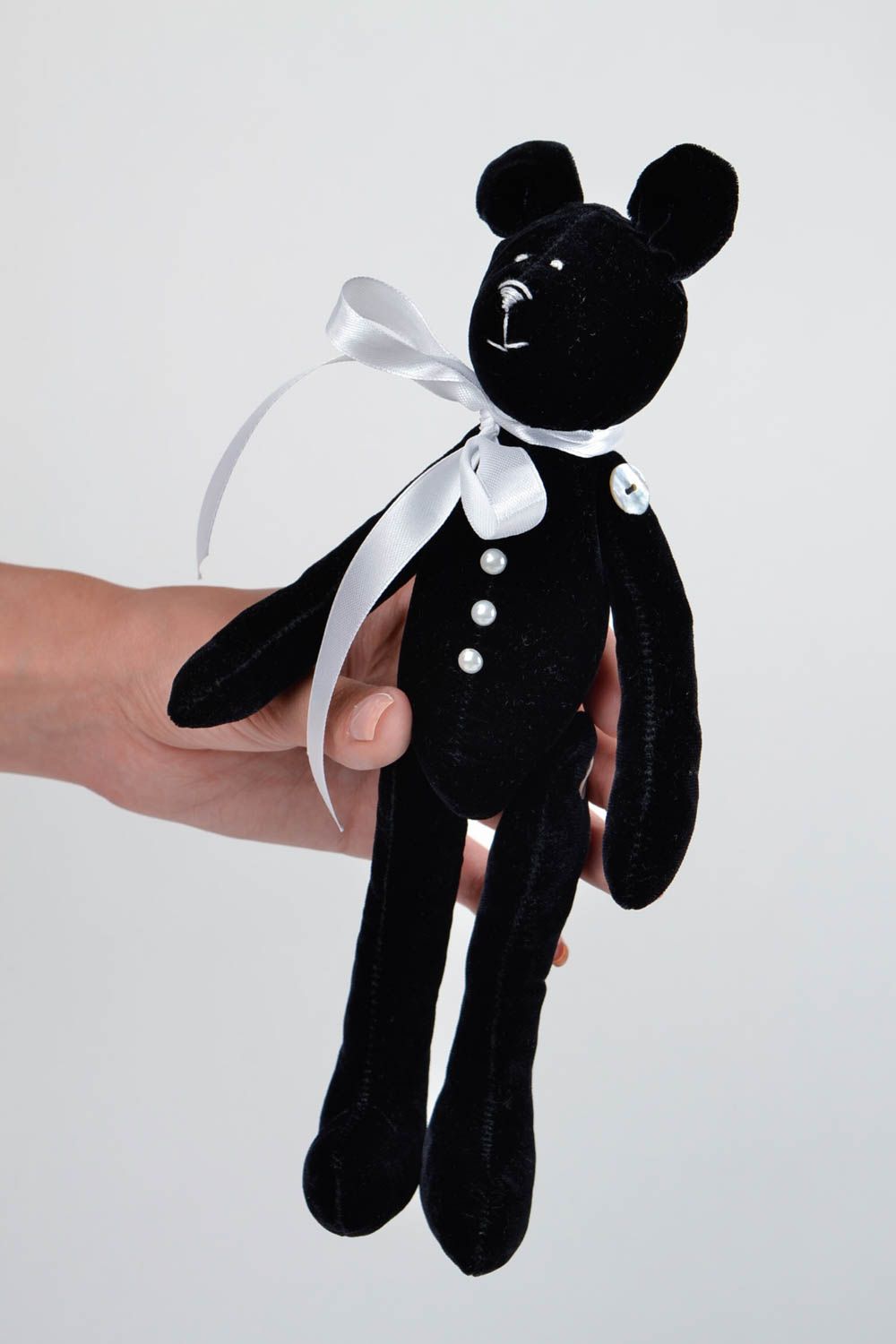 Jouet ours noir en velours Peluche faite main avec noeud Décoration d'intérieur photo 2