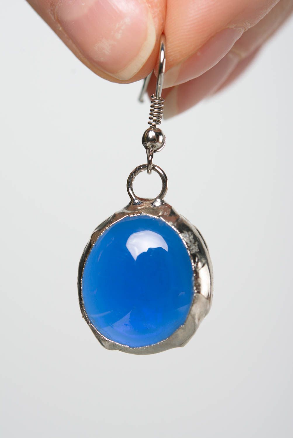 Boucles d'oreilles en verre et métal rondes faites main bleues accessoire photo 3