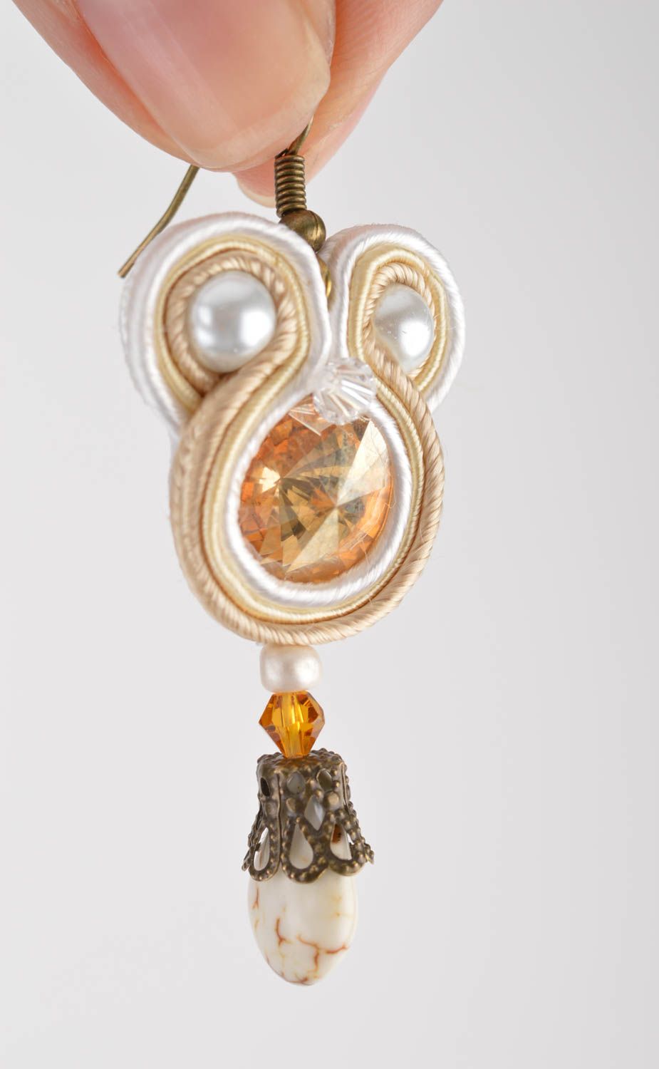 Beautiful beige handmade designer long soutache earrings with beads for women photo 3