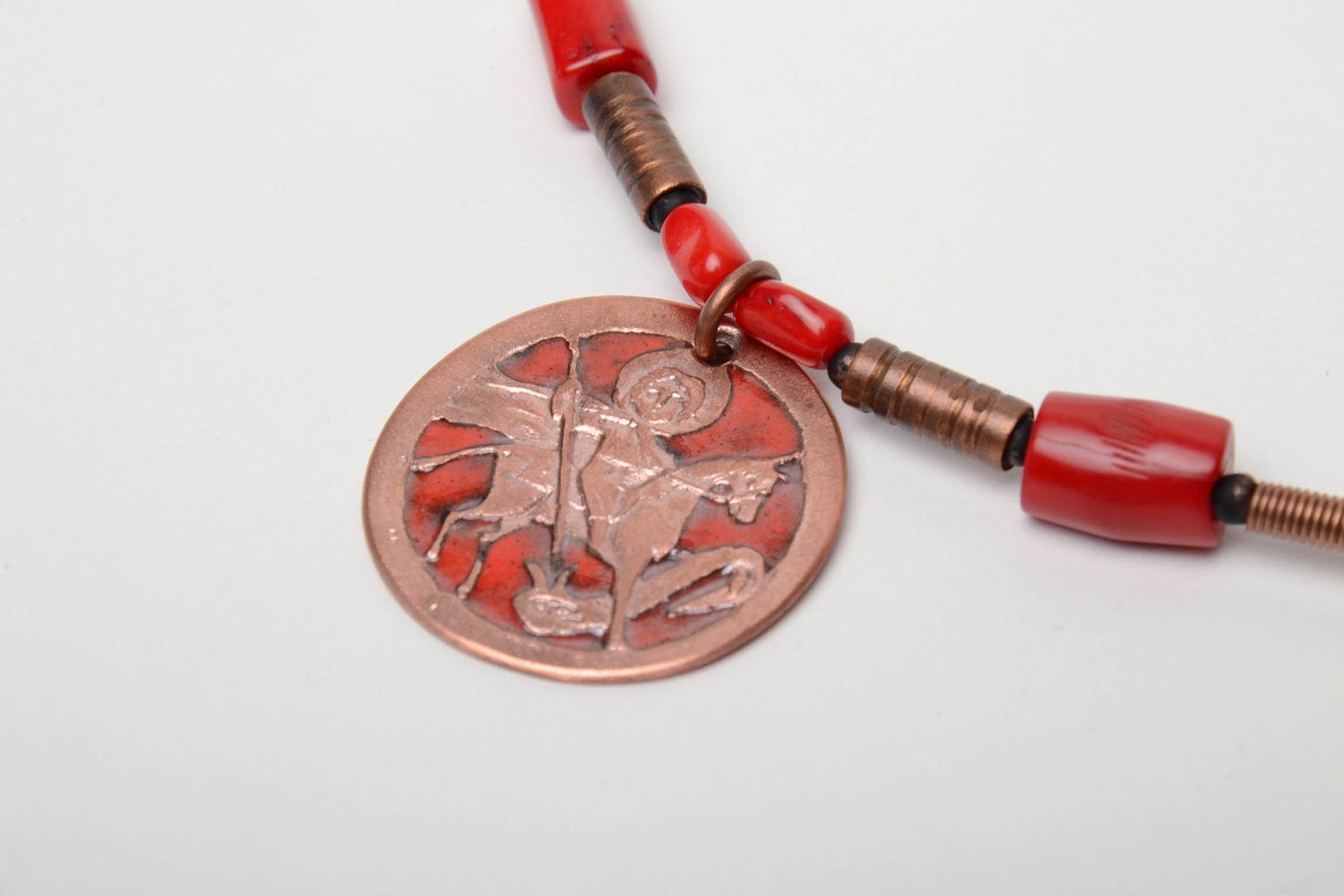 Copper necklace with coins painted with enamels photo 4