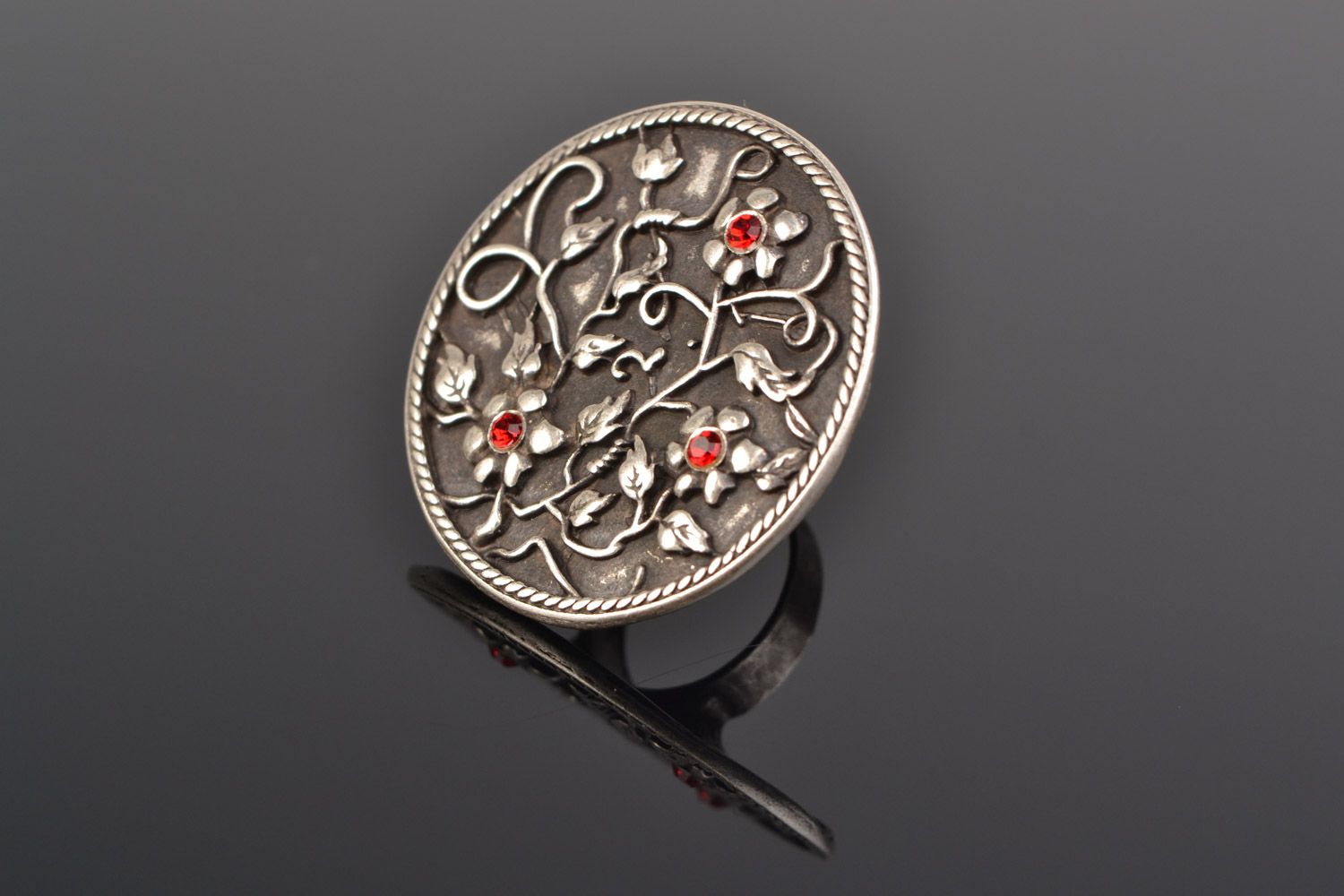 Handmade metal round ring with rhinestones and ornament in ethnic style for women photo 1