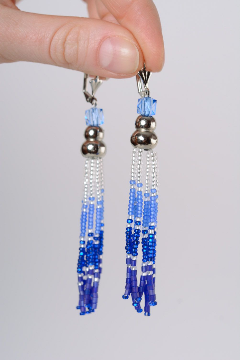 White and blue handmade designer long beaded earrings for women photo 2