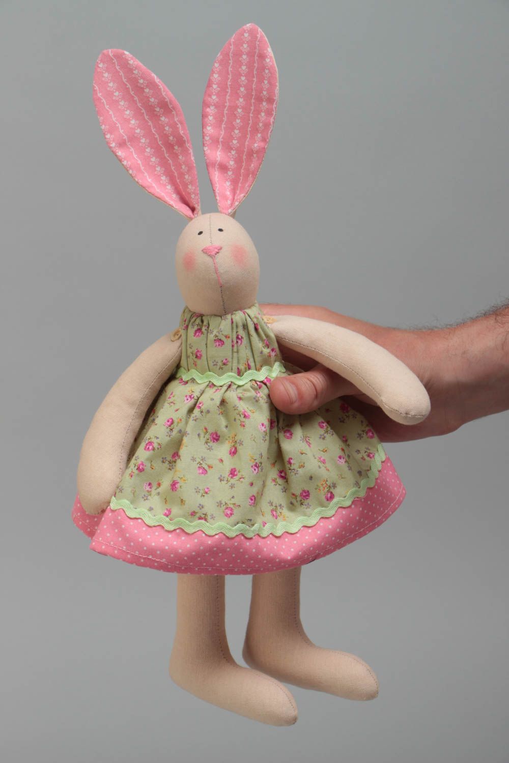 Handmade designer cotton fabric soft toy rabbit in green and pink sun dress  photo 5