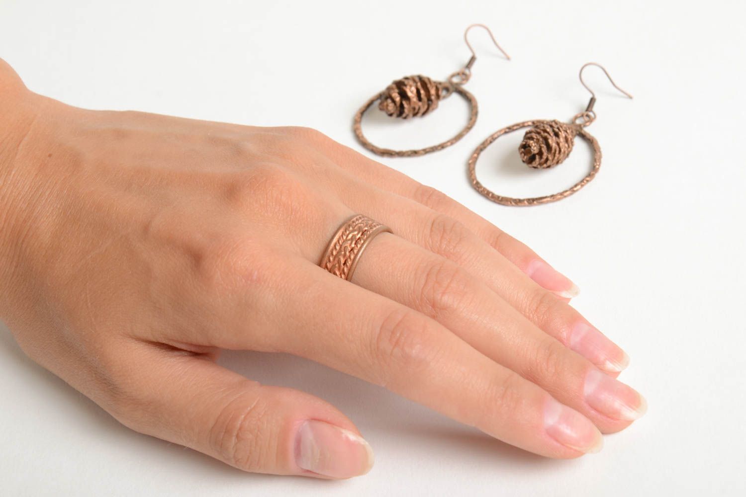 Handmade Schmuck Set aus Kupfer Damen Ohrringe Frauen Ring modisch originell foto 3