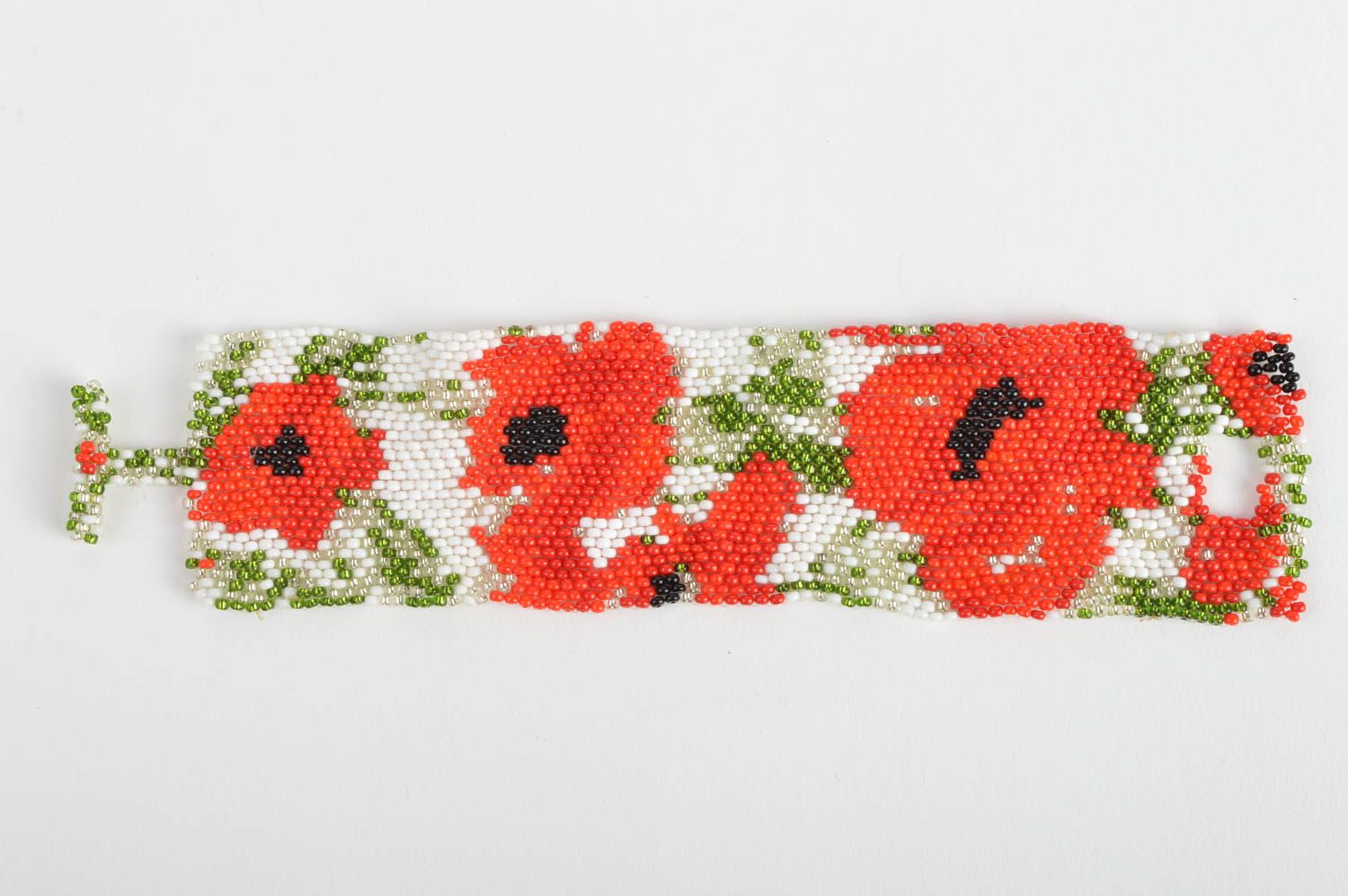 Handmade designer wide bead woven cuff bracelet with red poppies ornament photo 2