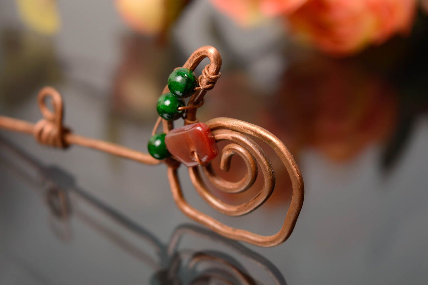 Wire wrap copper brooch with lampwork beads photo 5