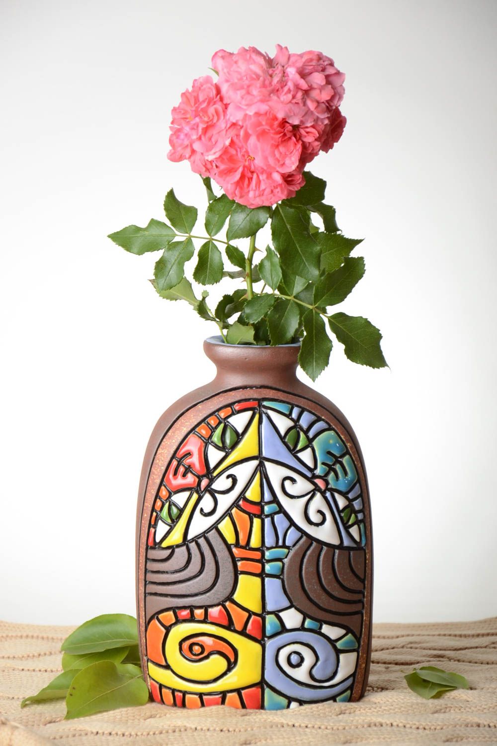 Large square ceramic 9 inches decorative vase with multicolor ornament 2 lb photo 1