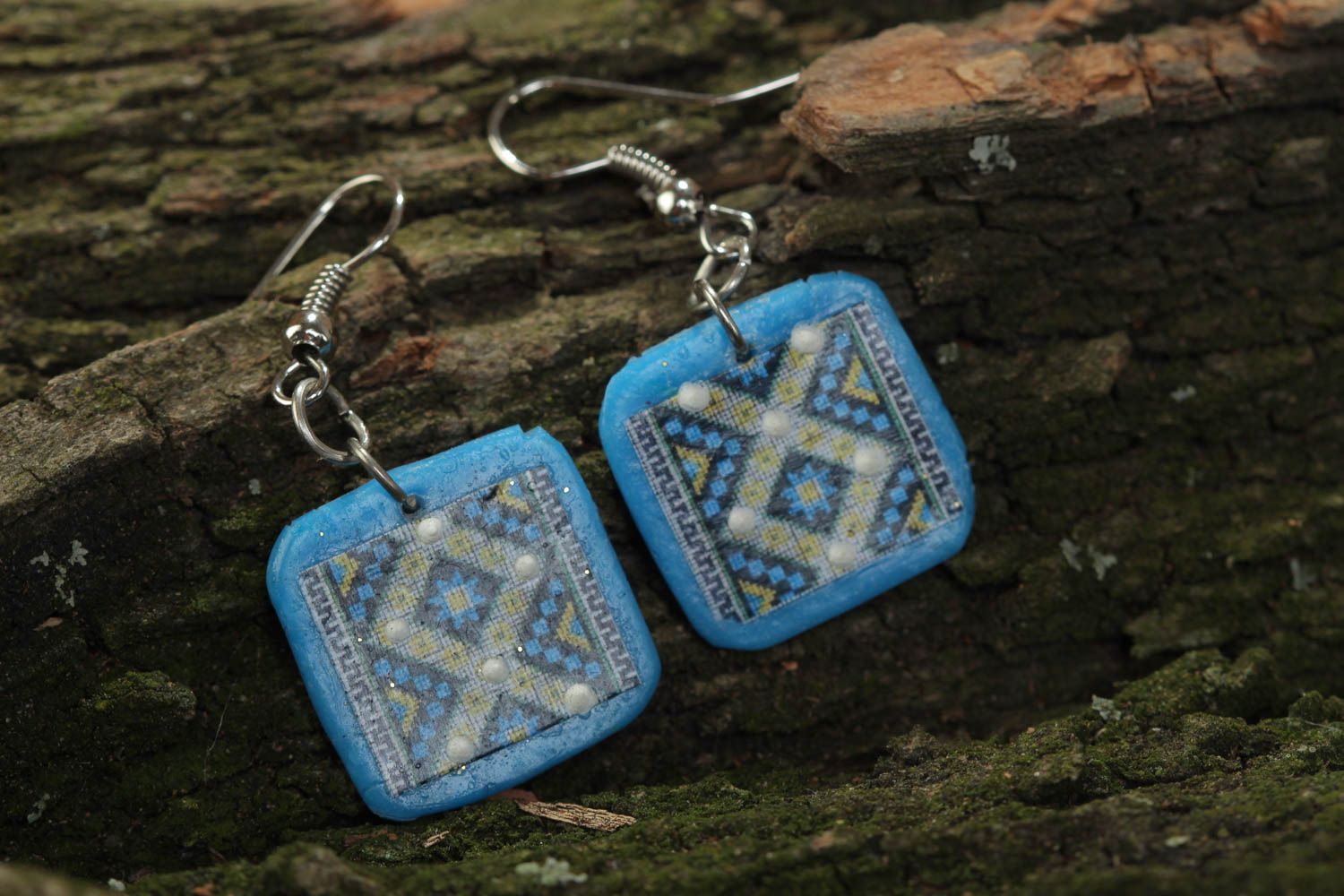Handmade blue square polymer clay dangling earrings with ethnic ornament photo 1