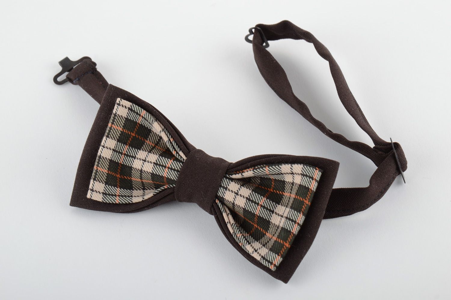 Handmade bow tie sewn of one colored brown and checkered costume fabric  photo 2