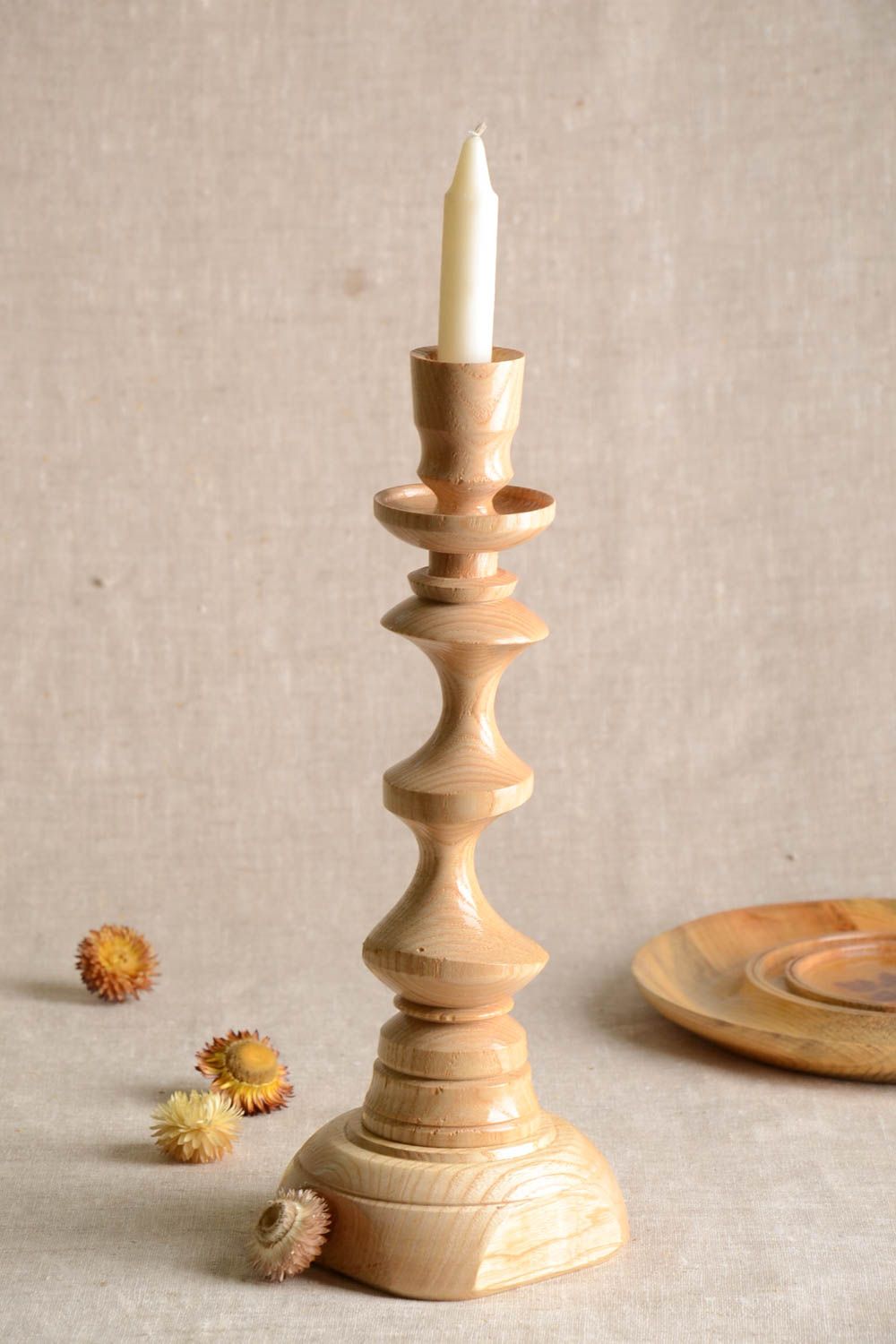 Unusual handmade wooden candlestick candle holder design the living room photo 1
