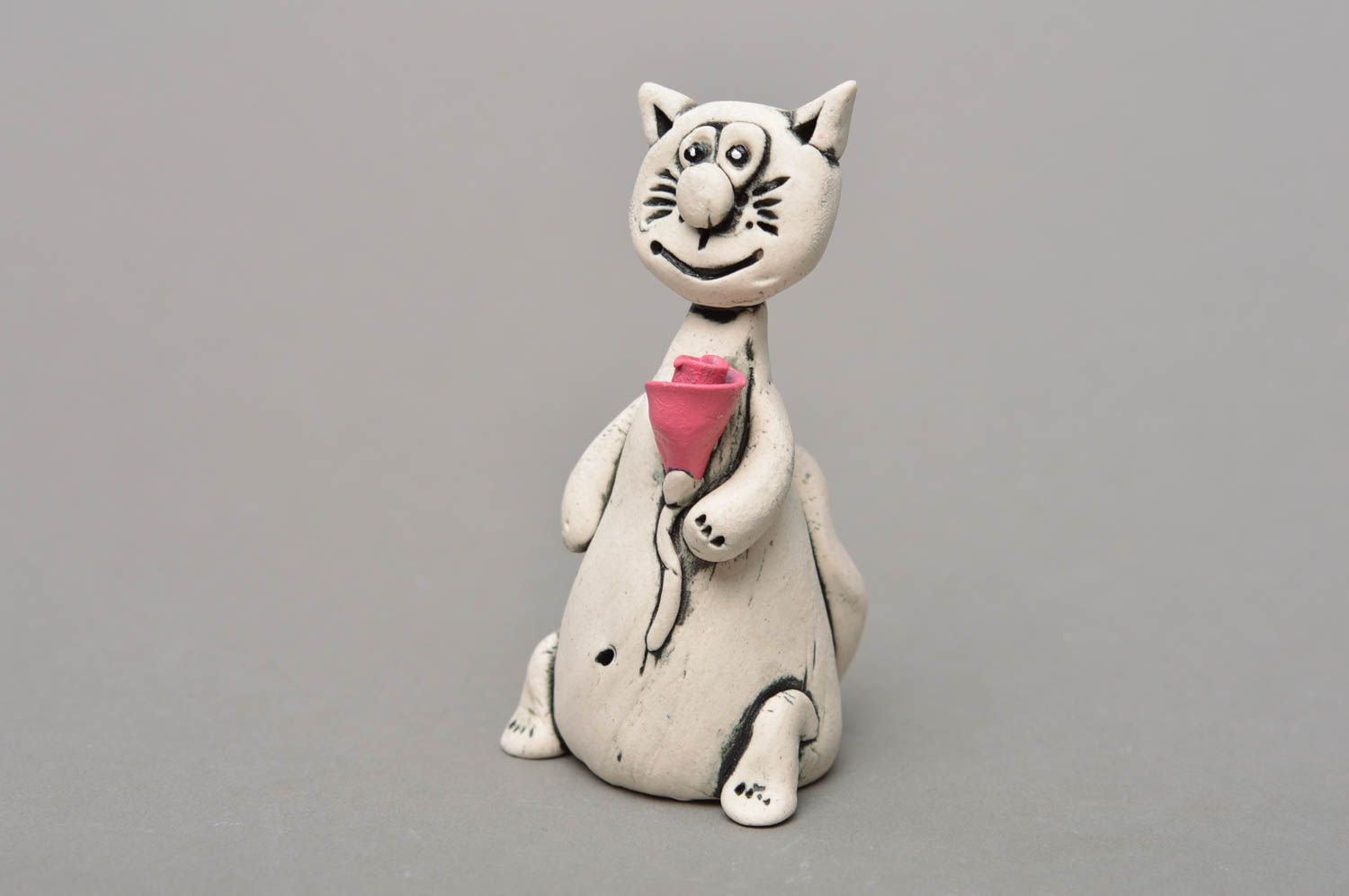 Handmade porcelain figurine painted with glaze and acrylics Cat with Rose photo 1