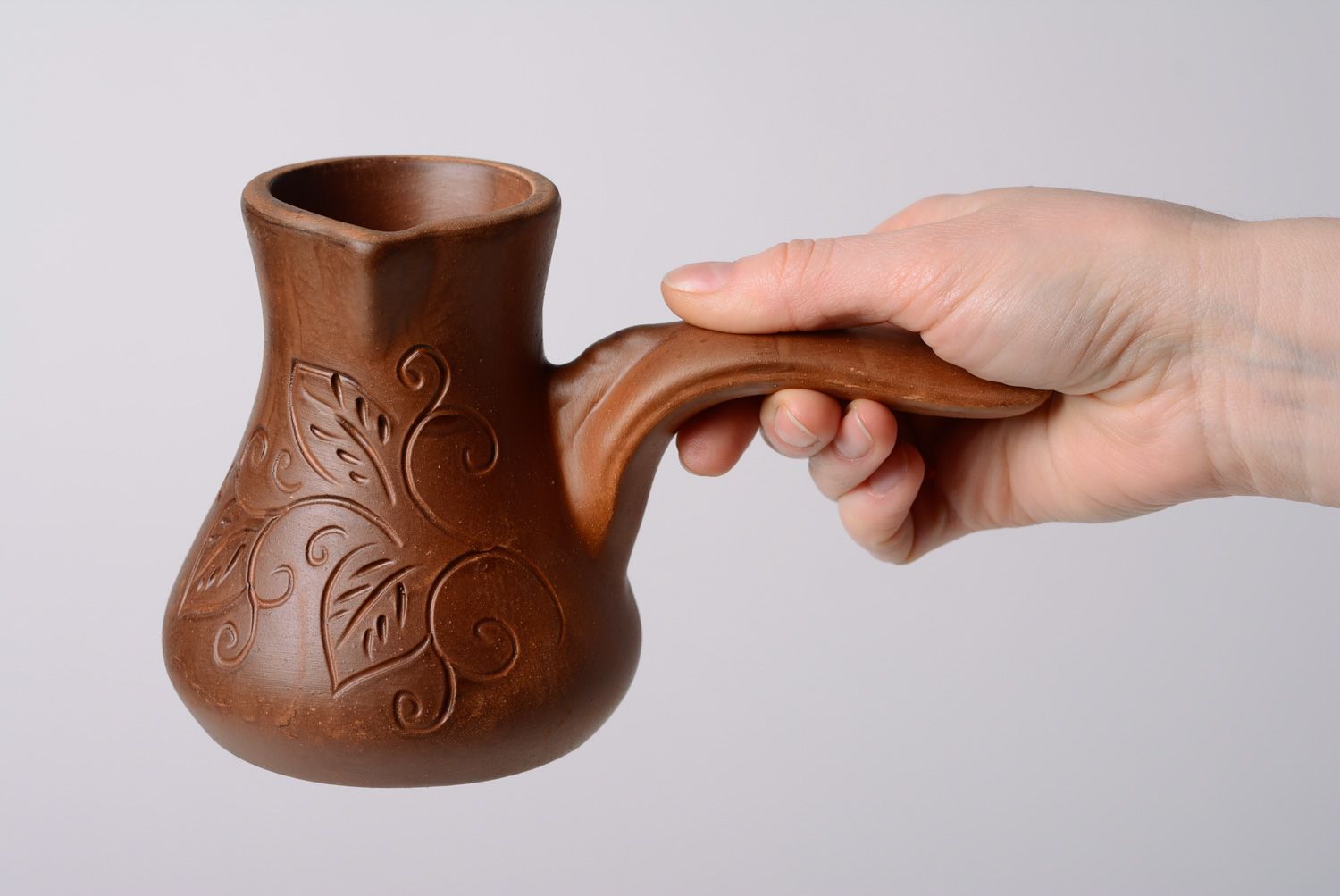 Handmade ceramic cezve for Turkish coffee with ornament kilned with milk photo 5