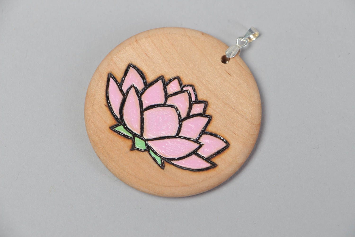 Pendentif en bois rond peint fait main avec lotus rose bleu pour femme photo 2