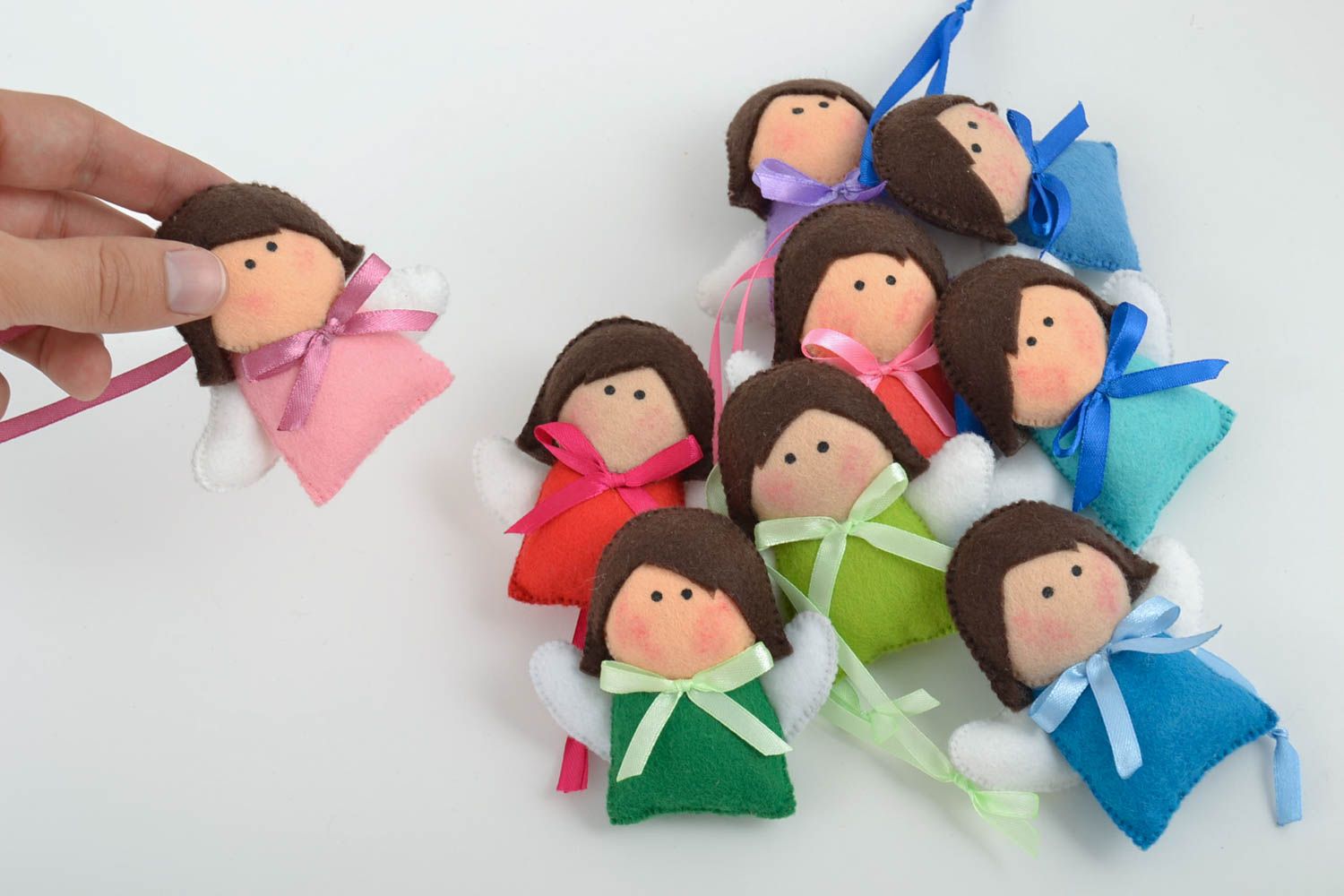 Set of 9 handmade small felt fabric soft toys Angels for children and interior photo 1