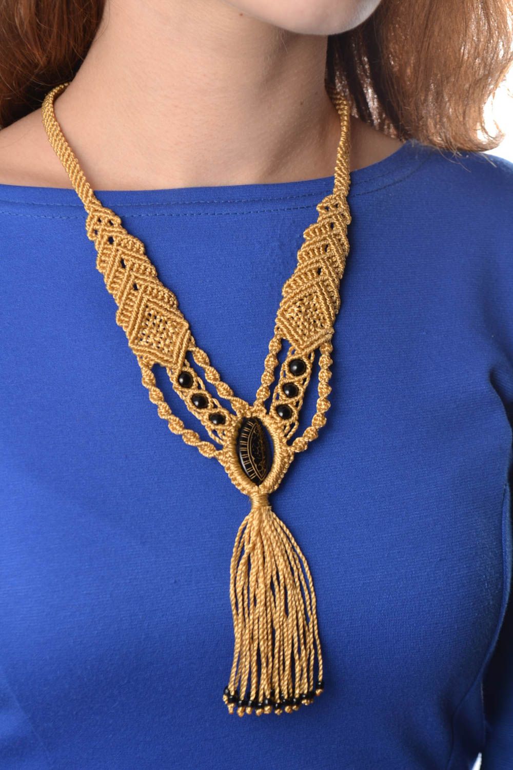 Handmade designer long macrame woven necklace of sand color with beads photo 1