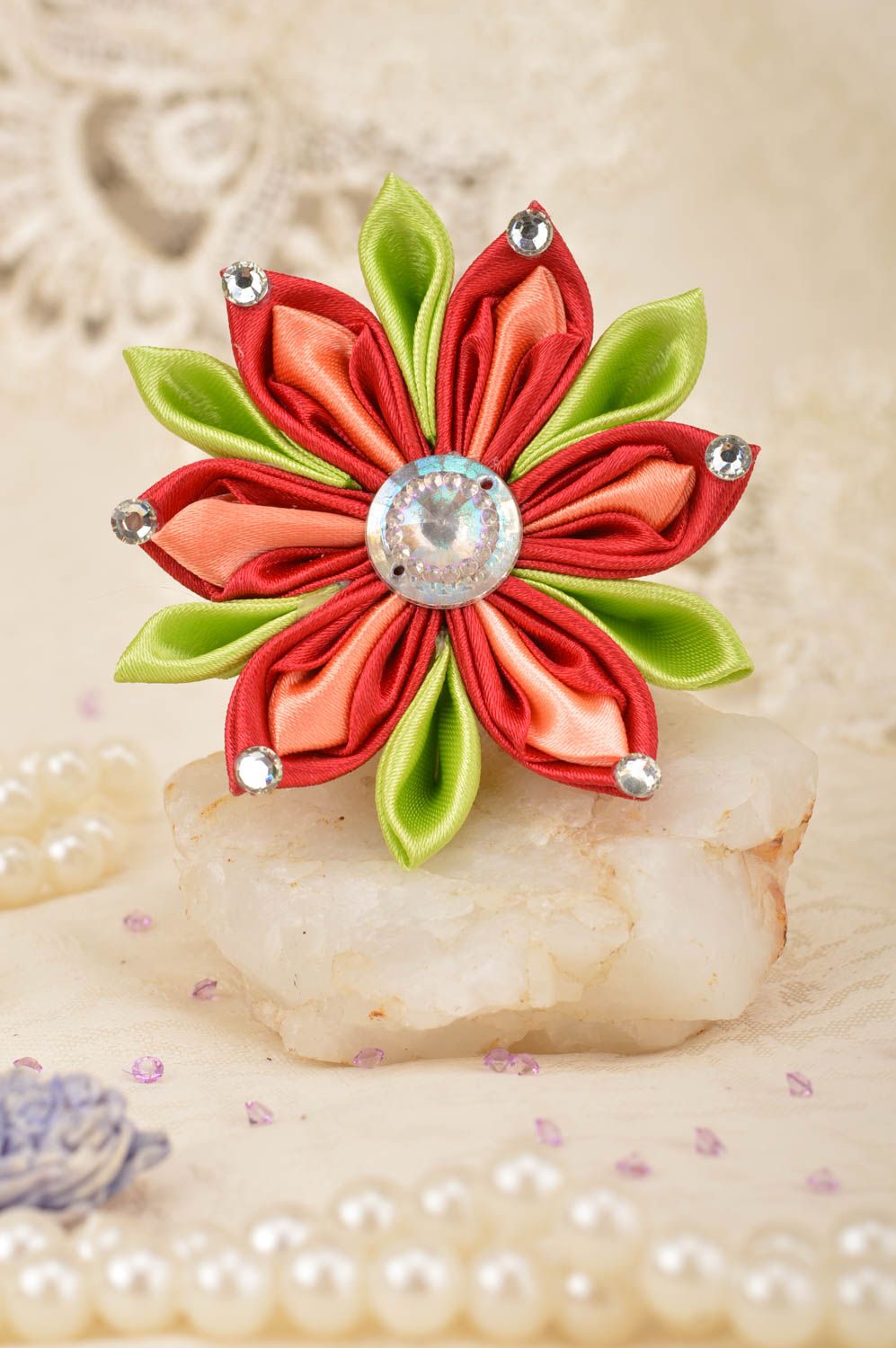Children's scrunchy with red-green flower beautiful handmade hair accessory photo 1