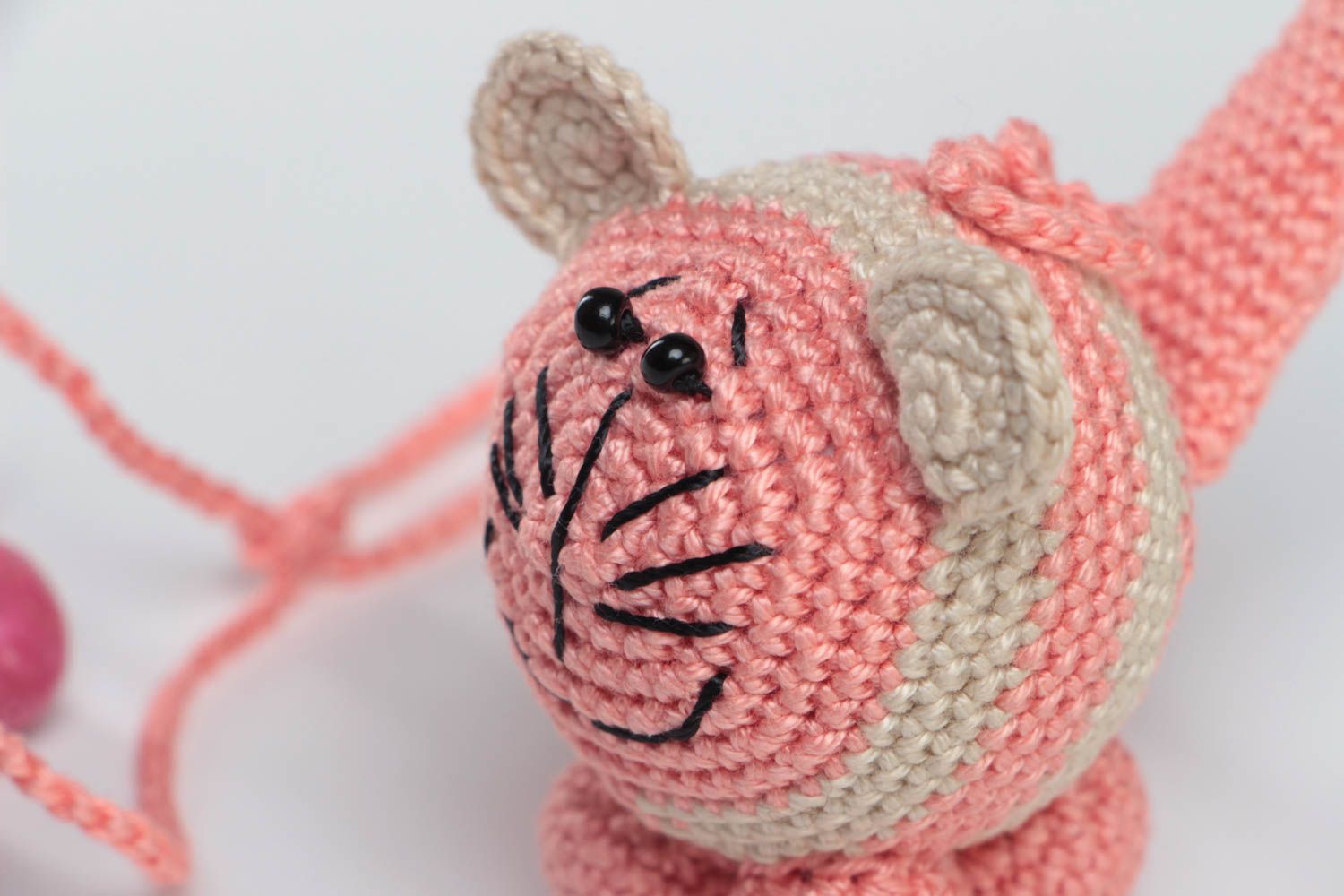 Crocheted cotton rattle small pink cat handmade toy for children and nursery photo 3