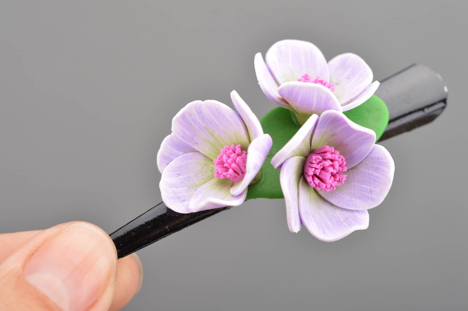 Unusual handmade lilac polymer clay flower hair clip photo 2