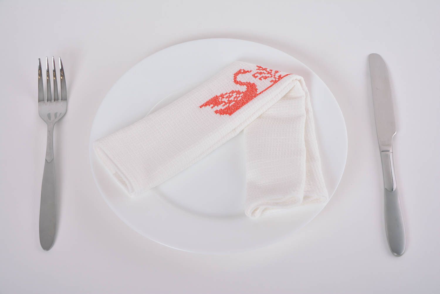 Handmade decorative white cotton napkin with embroidered swans for table setting photo 1