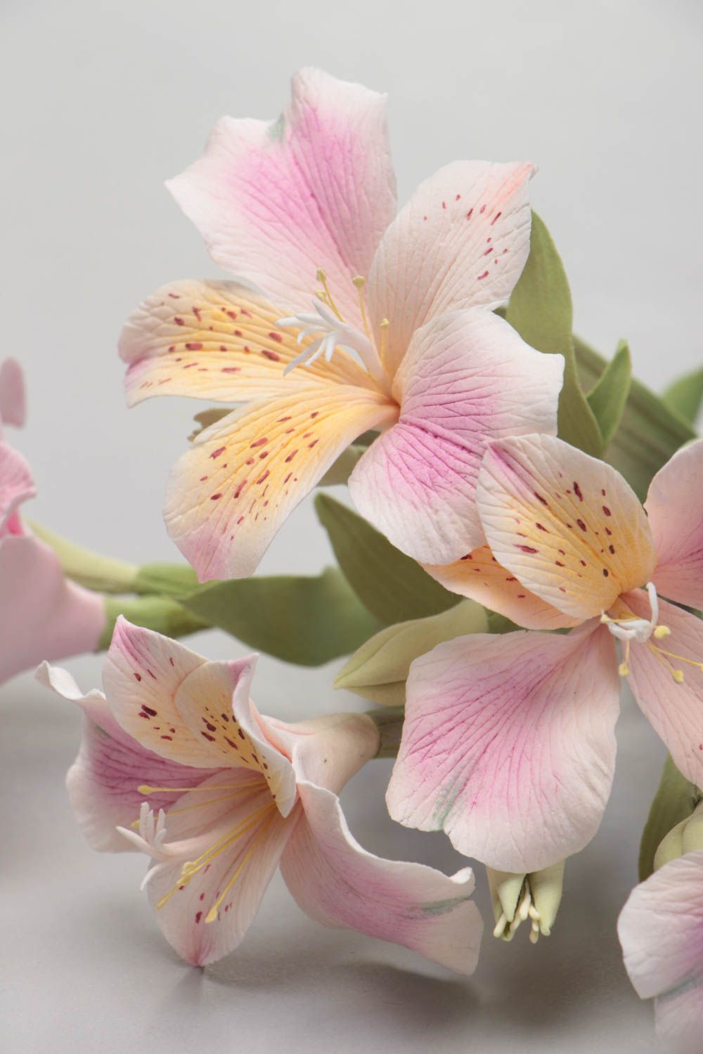 Unusual beautiful handmade polymer clay flowers for home decor Pink Alstroemeria photo 3