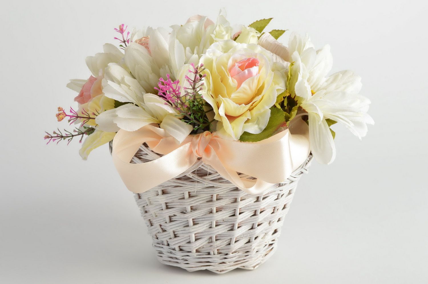 Stylish small handmade white wicker basket with fabric flowers  photo 2