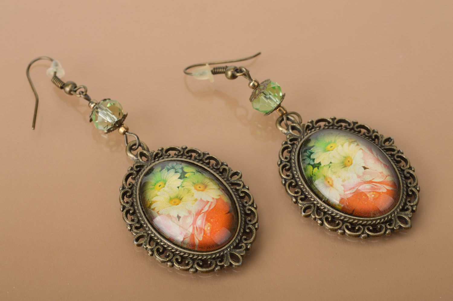 Handmade long oval vintage earrings in metal frame  photo 2