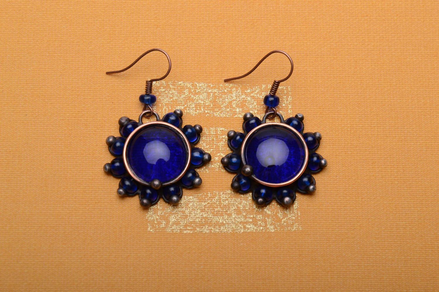 Copper earrings with blue glass photo 1