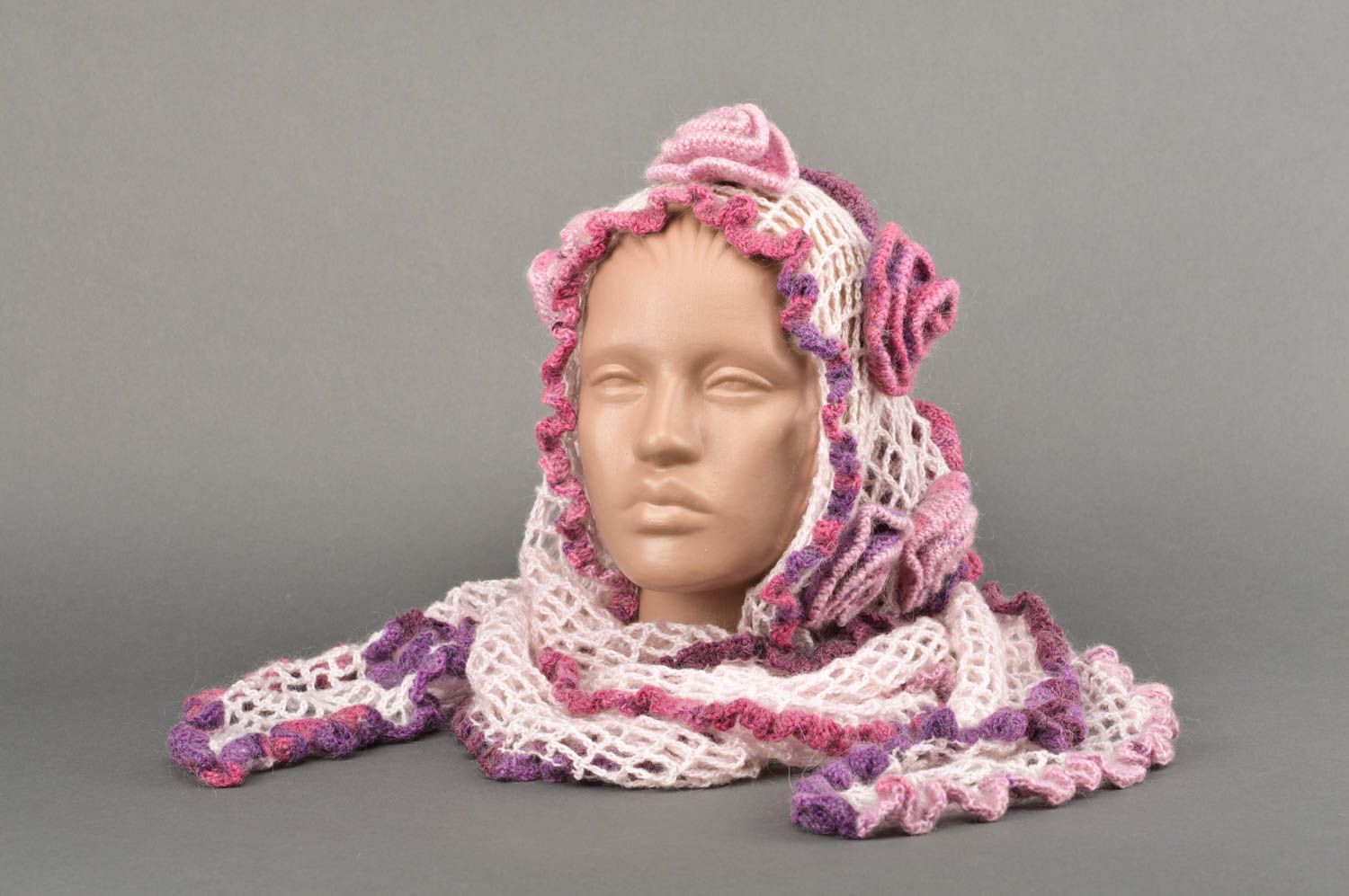 Ажурный шарф ручной работы шерстяной шарф с цветами женский шарф розовый фото 1