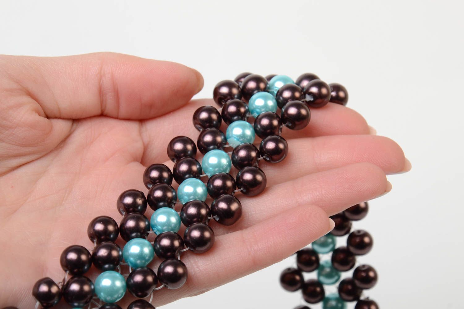 Unusual dark handmade designer necklace woven of plastic beads for girls photo 5