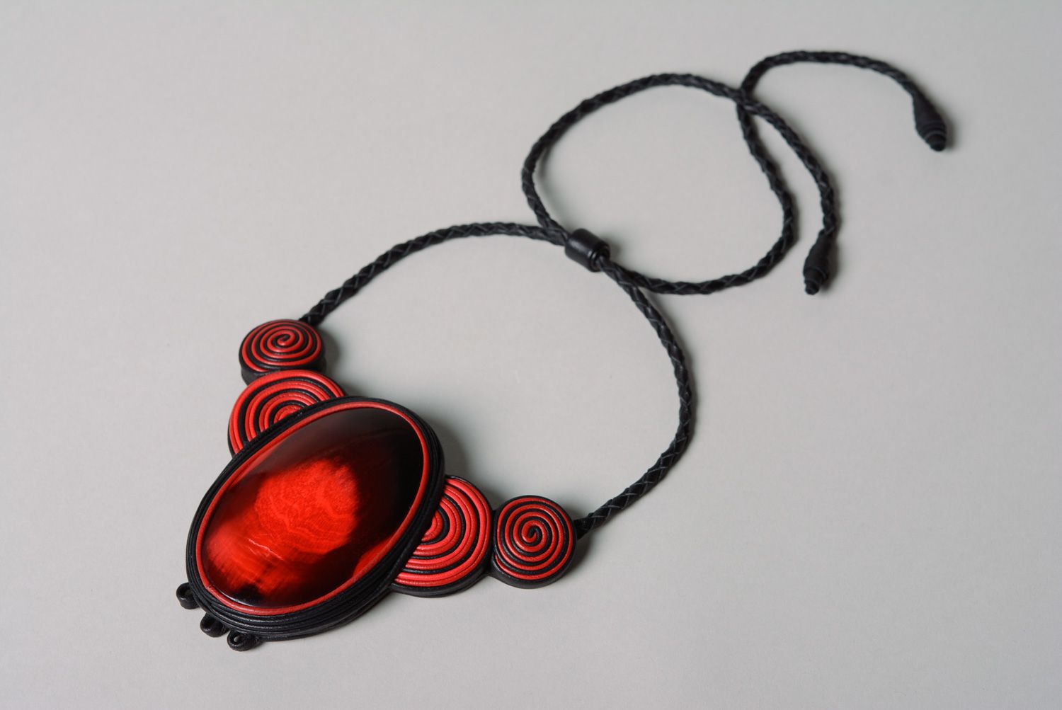 Handmade designer genuine leather and cow horn necklace in red and black colors  photo 2