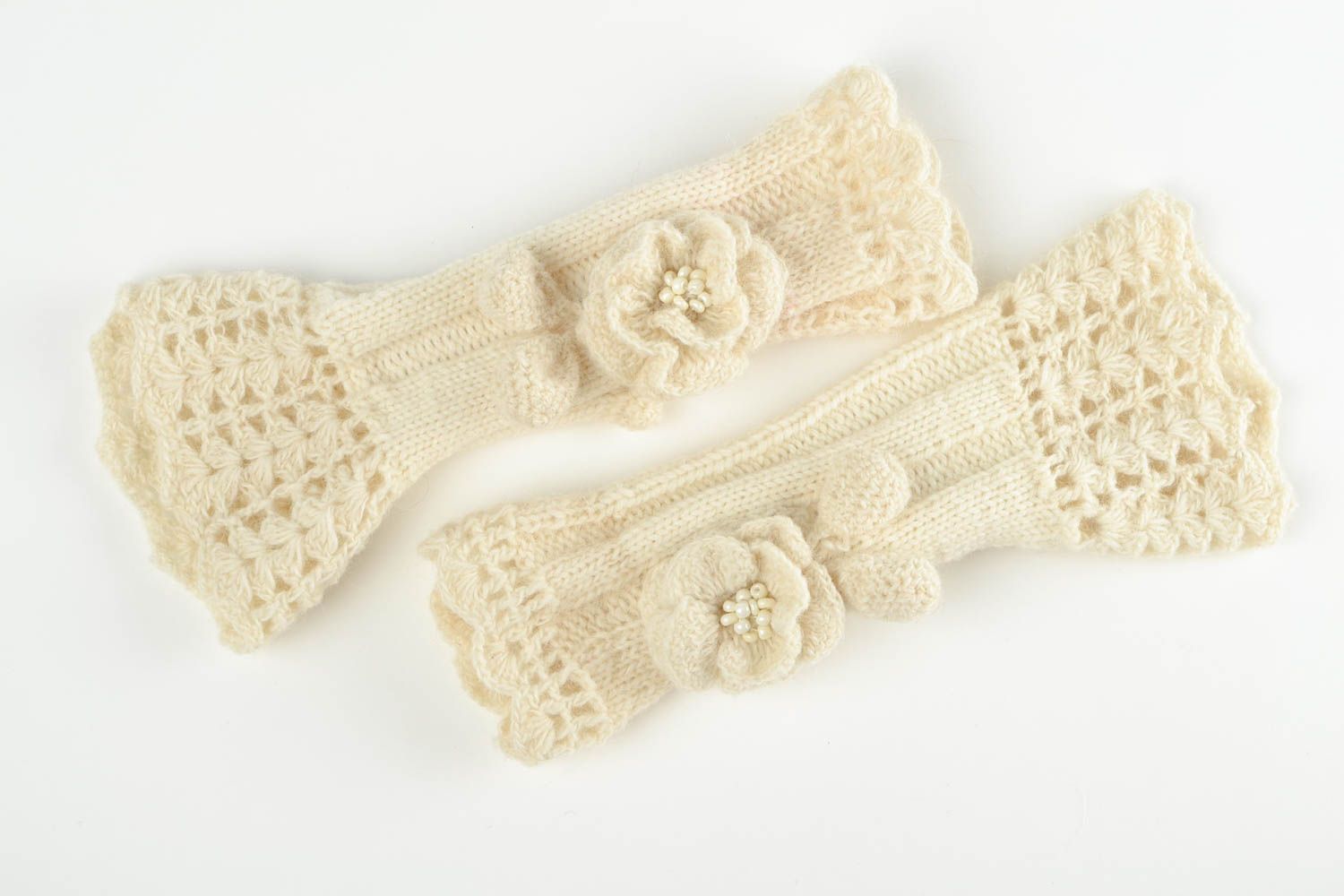 Mitaines tricot fait main Gants mitaines laine design beige Accessoire femme photo 2