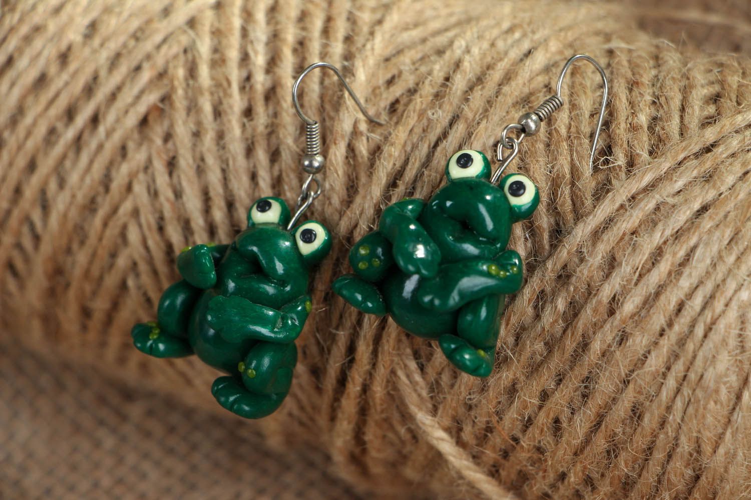 Earrings made of polymer clay Frogs photo 3