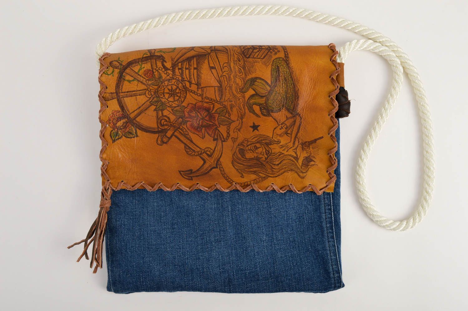 Сумка ручной работы сумка через плечо кожаная сумка с джинсовой тканью фото 2