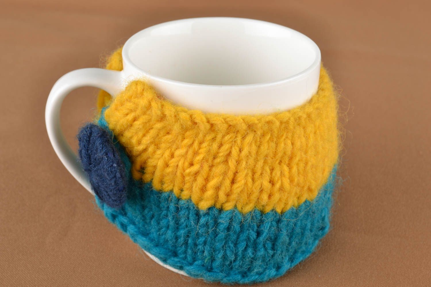Yellow and blue crochet cup cozy photo 1