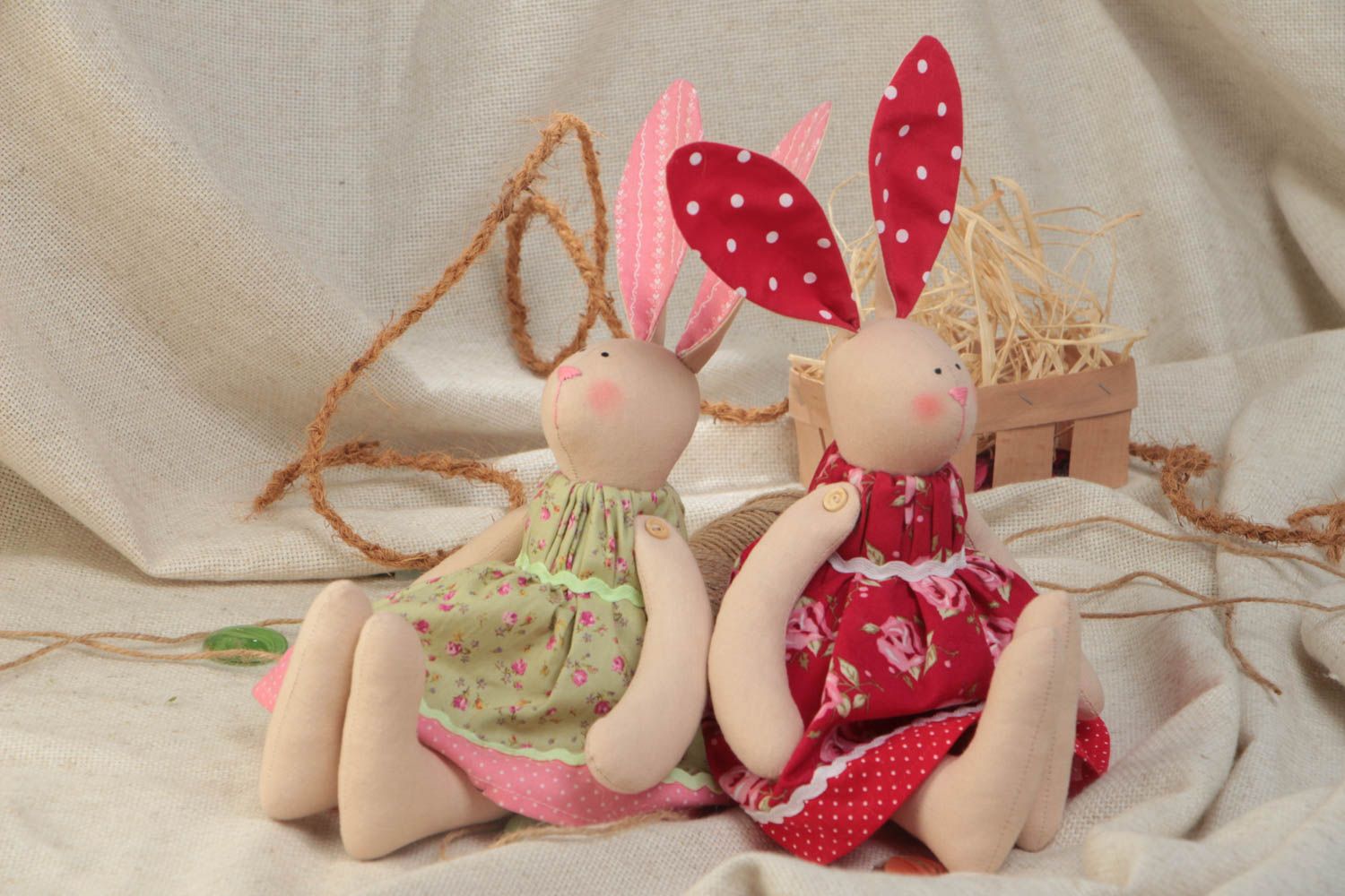Set of 2 handmade cotton fabric soft toys rabbits in pink and red dresses photo 1
