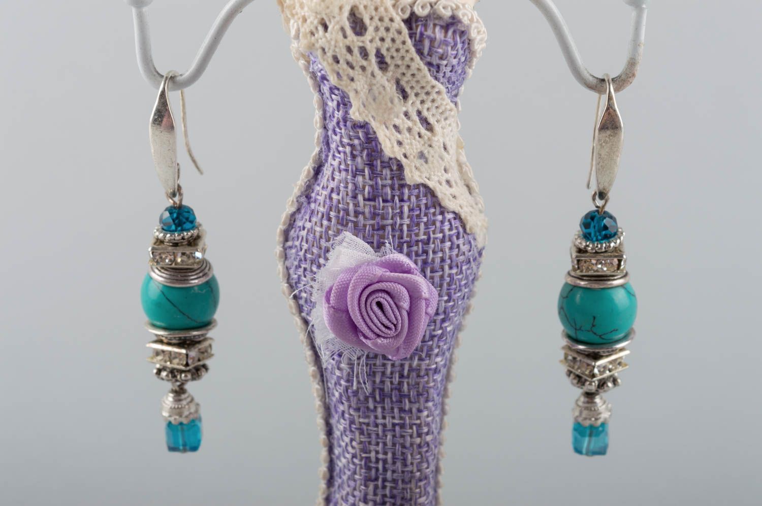 Elegant long handmade designer metal earrings with natural turquoise stone photo 1