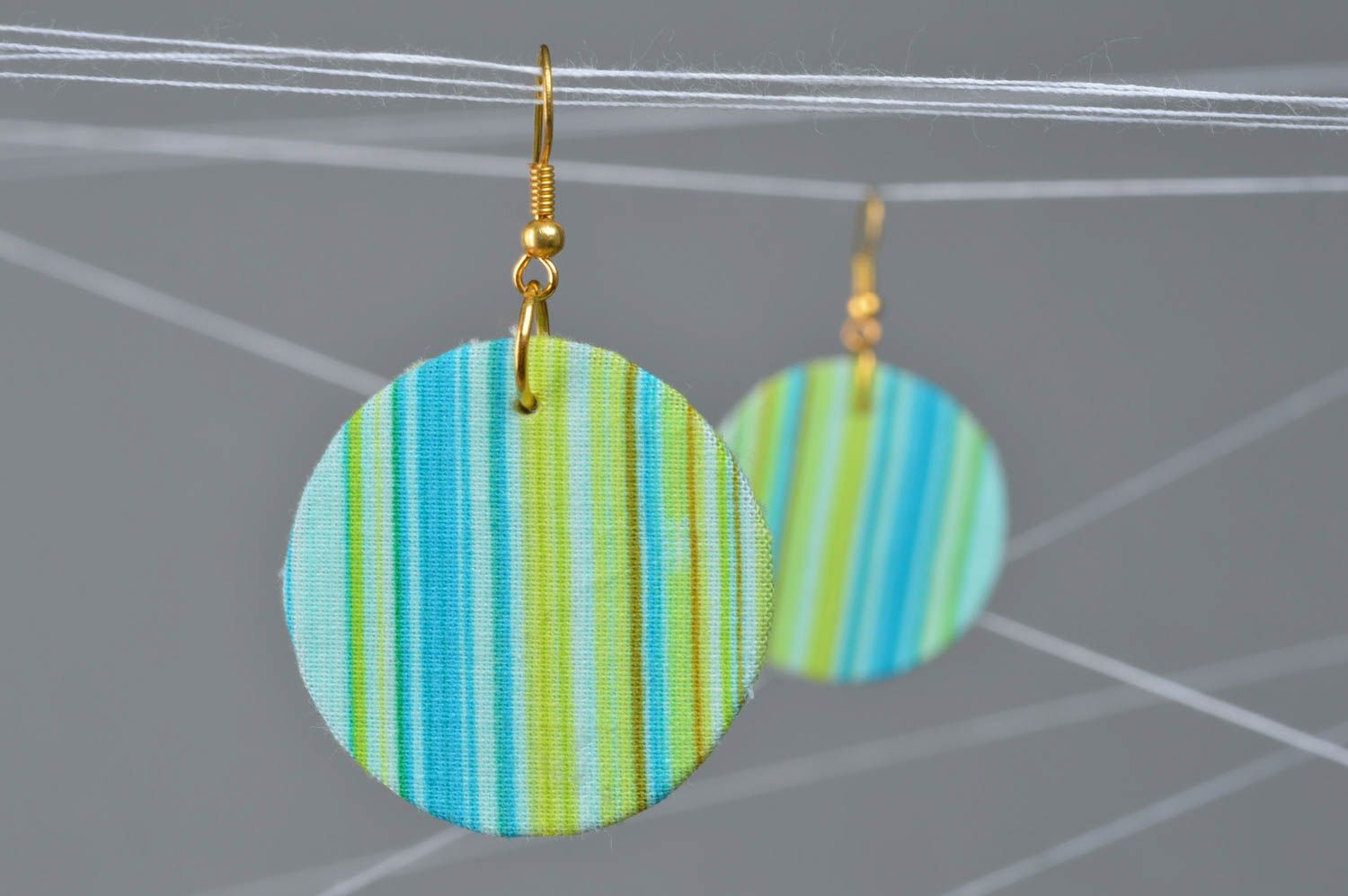 Handmade small round light striped fabric dangling earrings on carton basis photo 1