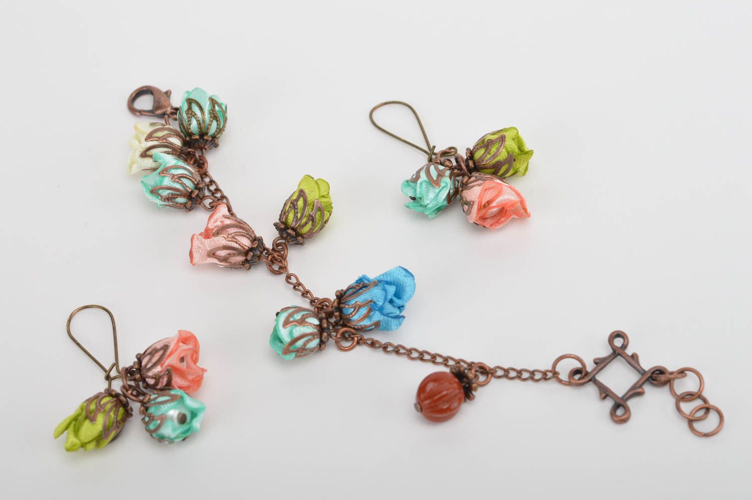 Set of textile jewelry handmade earrings satin bracelet flower jewelry photo 4