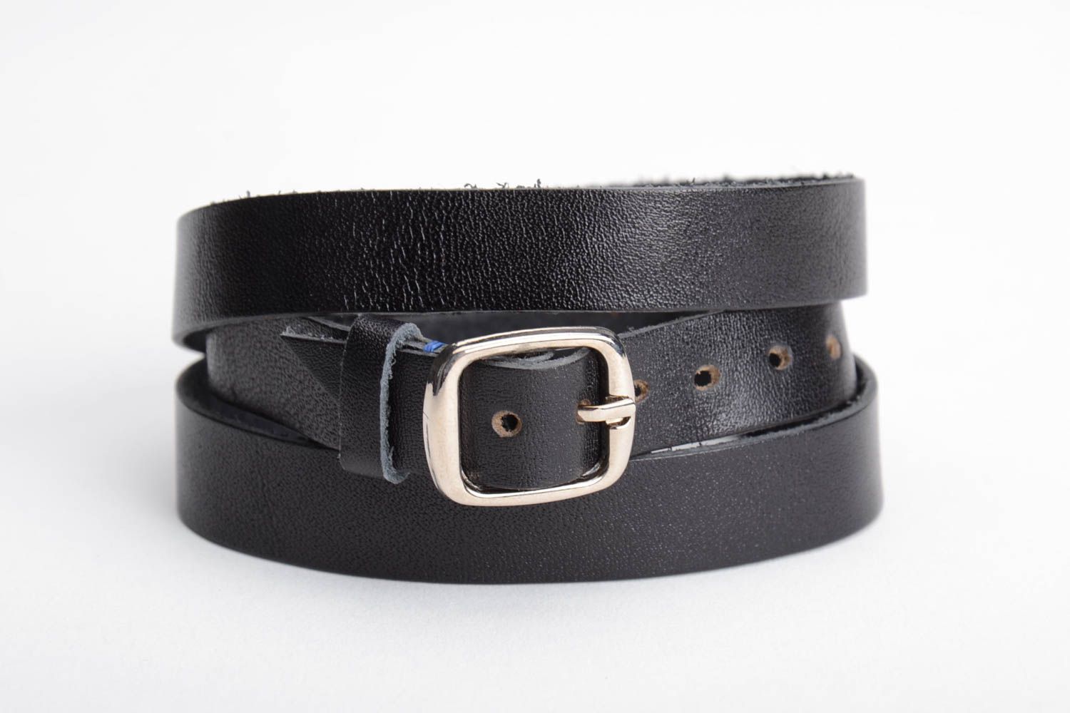 Black genuine leather wrist bracelet of adjustable size handmade unisex photo 5