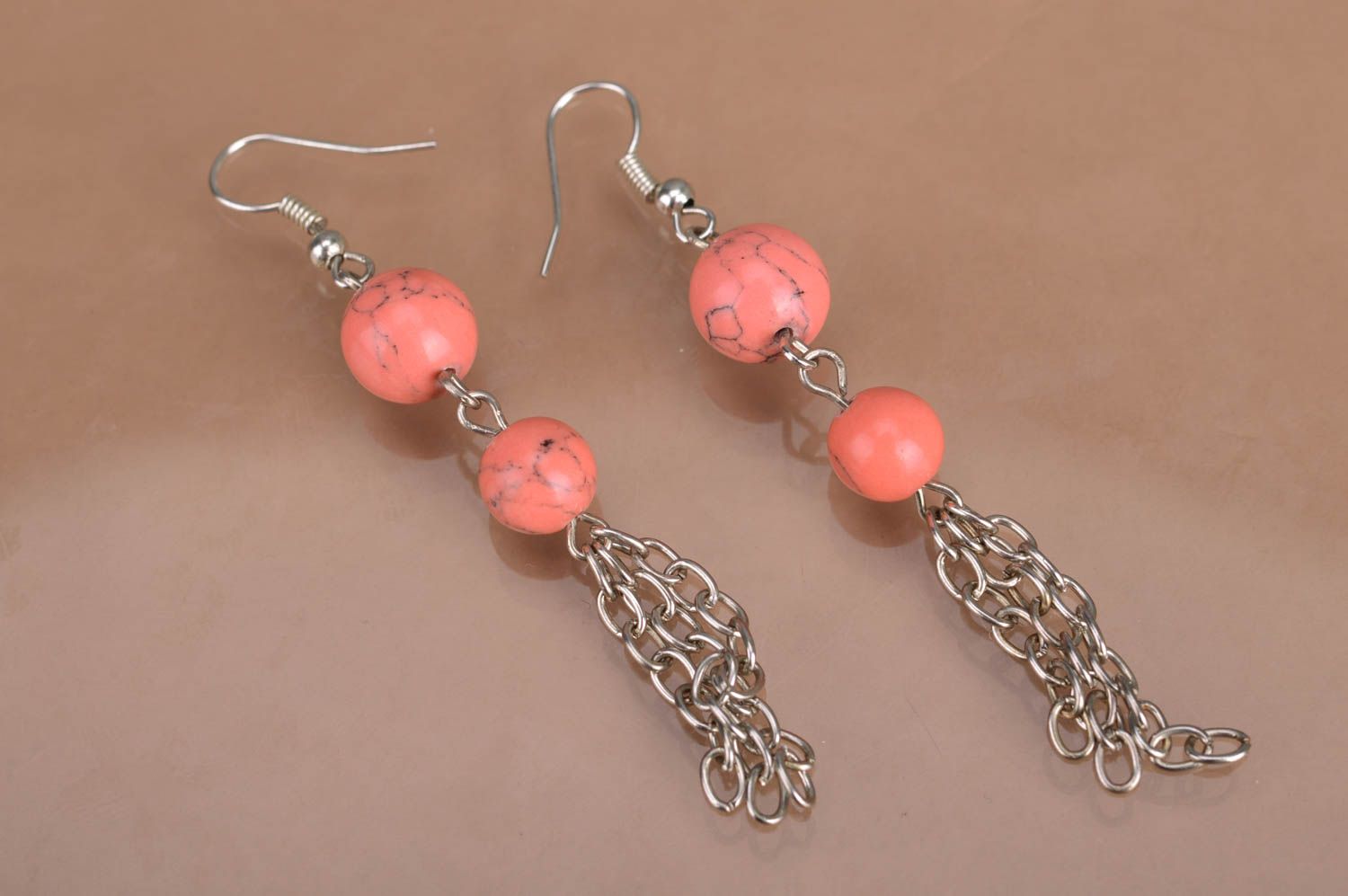 Handmade designer dangle earrings with pink round beads and metal chains photo 2