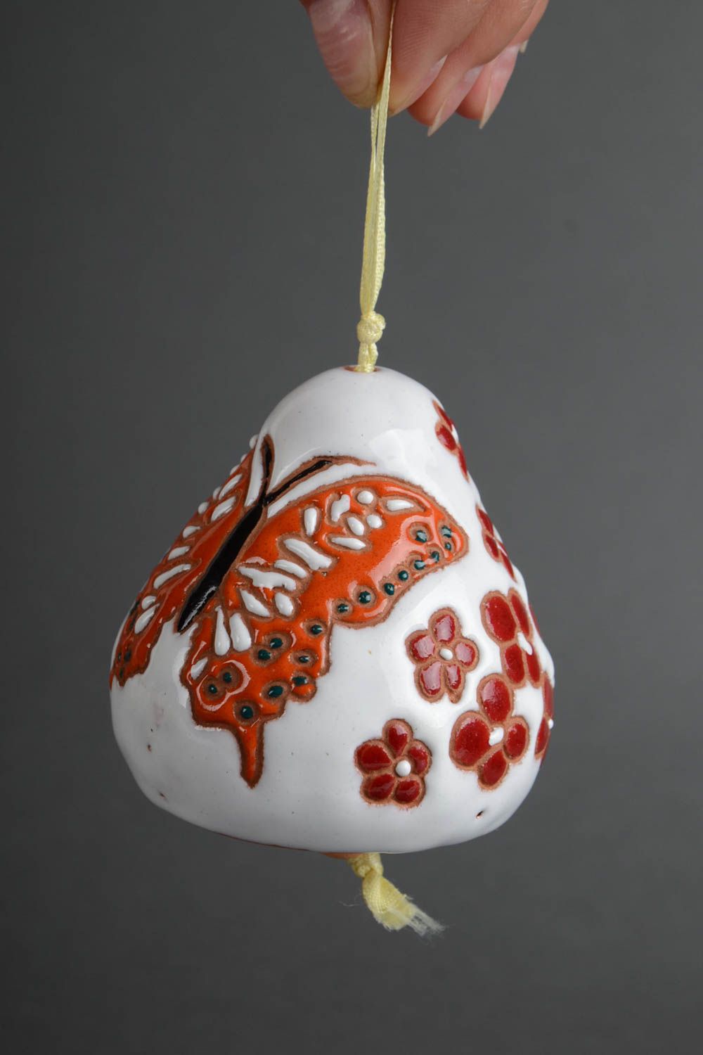 Расписной глиняный колокольчик ручной работы оригинальный с бабочкой красивый фото 5
