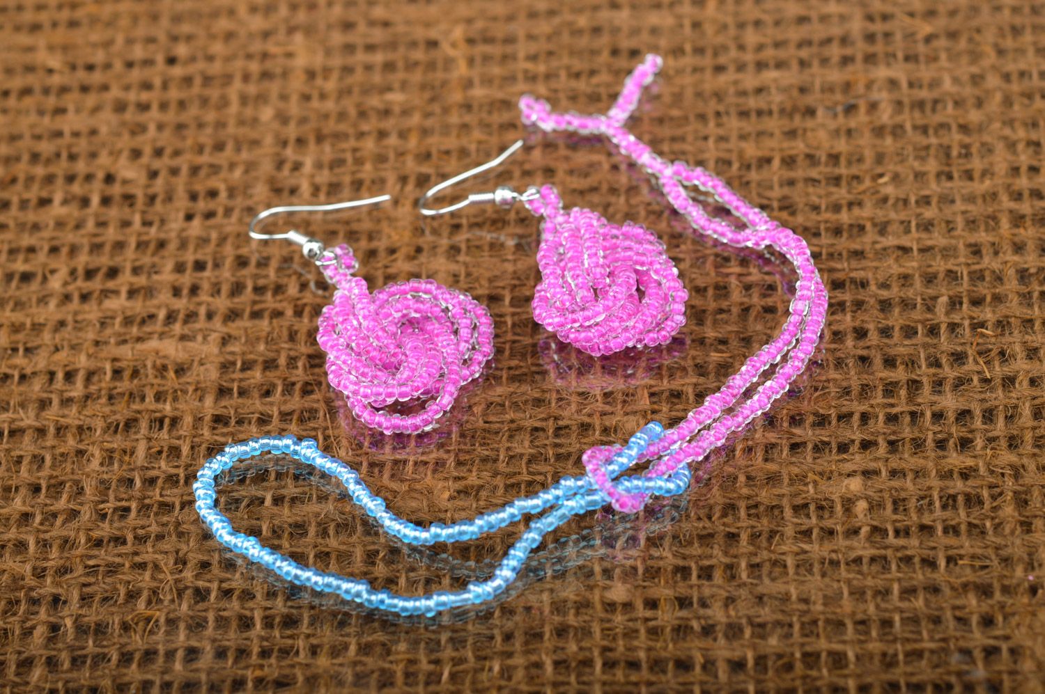 Handmade wrist bracelet and dangle earrings woven of blue and violet Czech beads photo 2